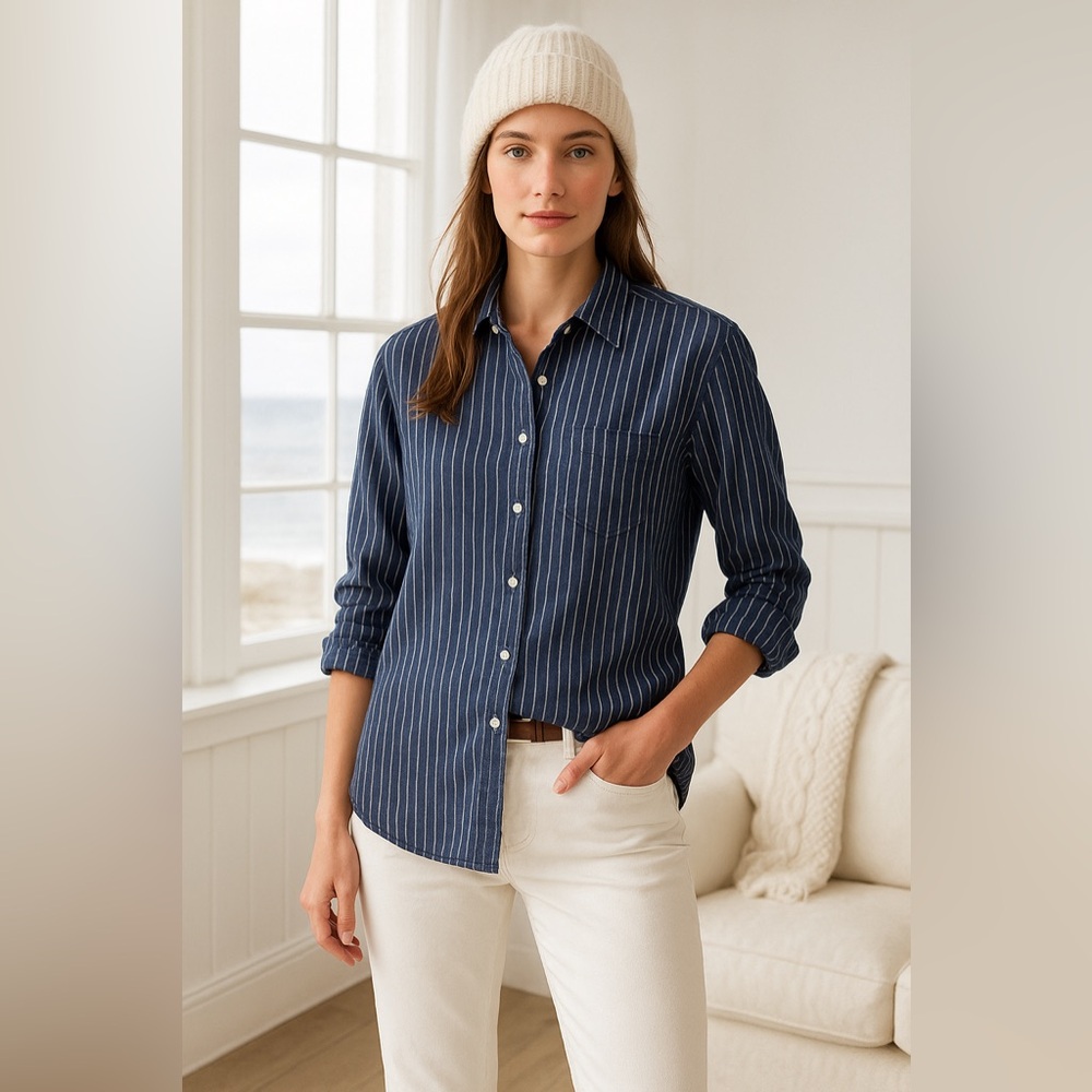 L.L. Bean Women's Navy Striped Linen Shirt 1X
